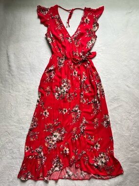 Band of Gypsies Red Floral Faux Wrap Maxi Dress - Size XS